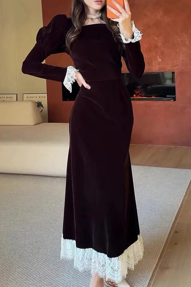 Glorol - Elegant Long Sleeve High Waist Lace Maxi Dress