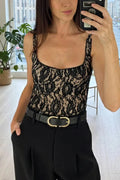 Glorol - Lace See-Through Patchwork Slim Printed Top