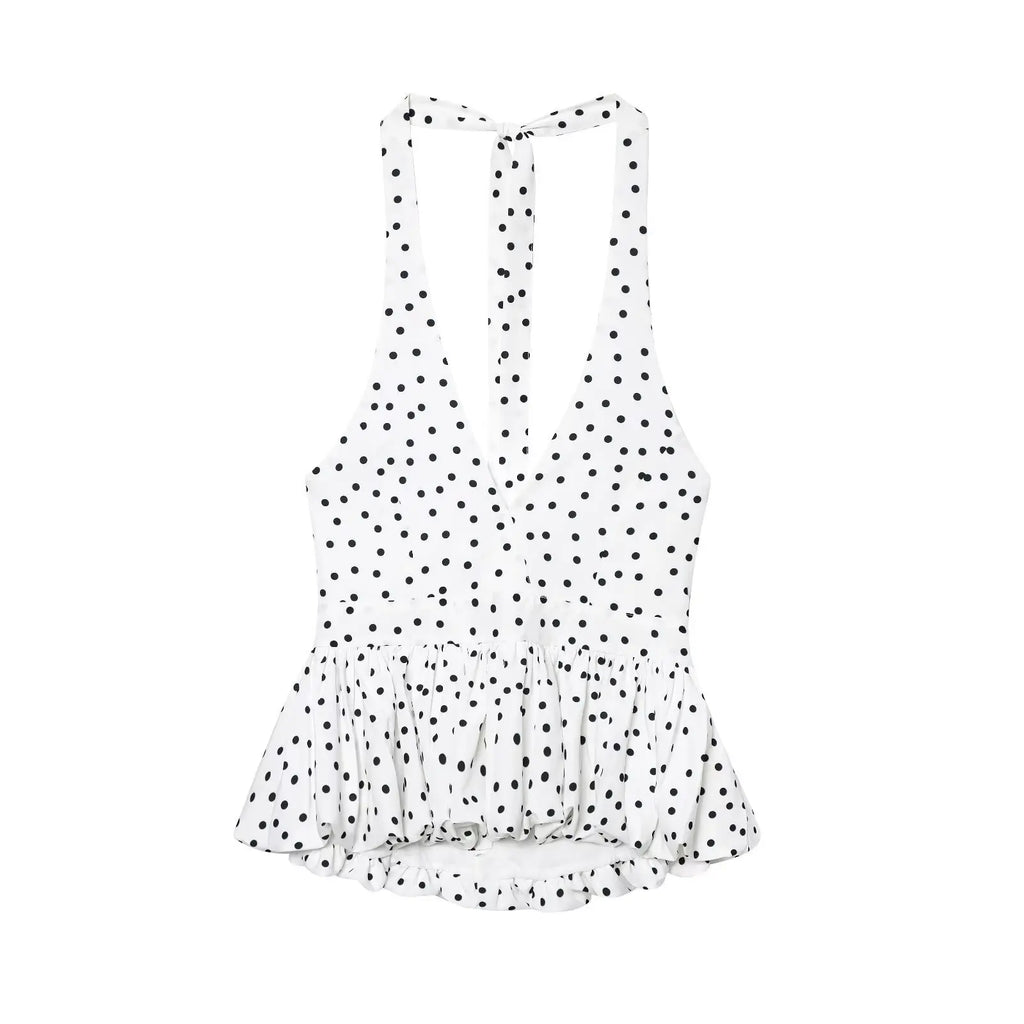 Glorol - Lace Up Sleeveless V-Neck Backless Printed Top