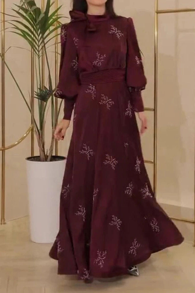 Glorol - Elegant Printed Pleated High Waist Long Sleeve Slim Maxi Dress