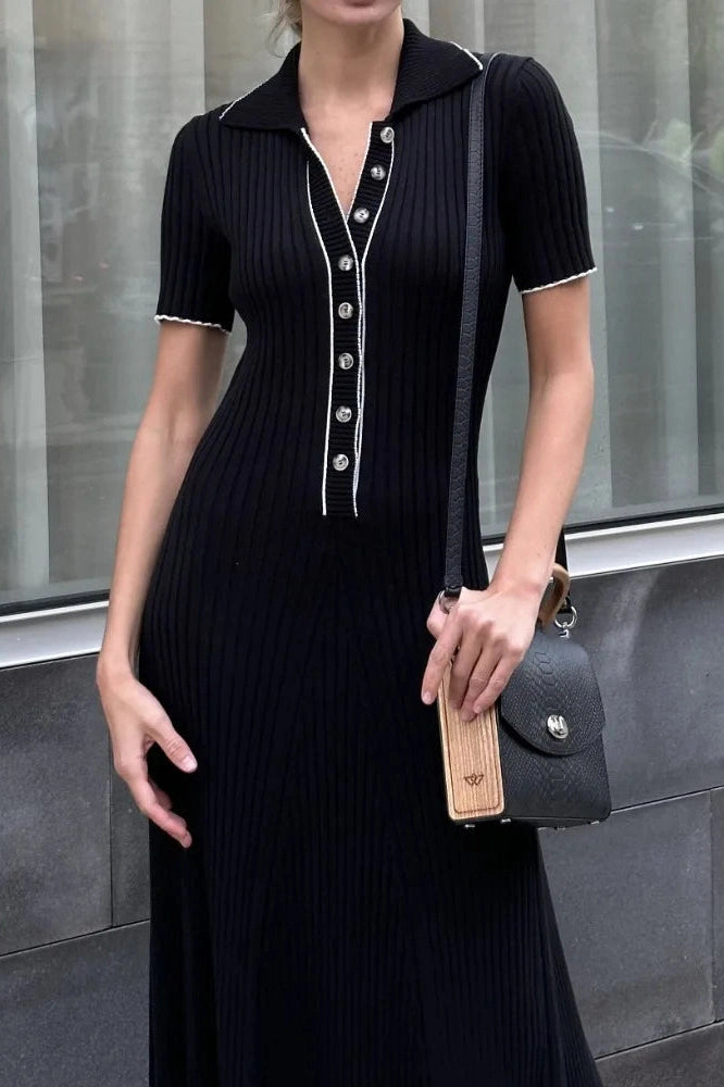 Glorol - Deep V Neck Slim Short Sleeve Knitted Bodycon Maxi Dress