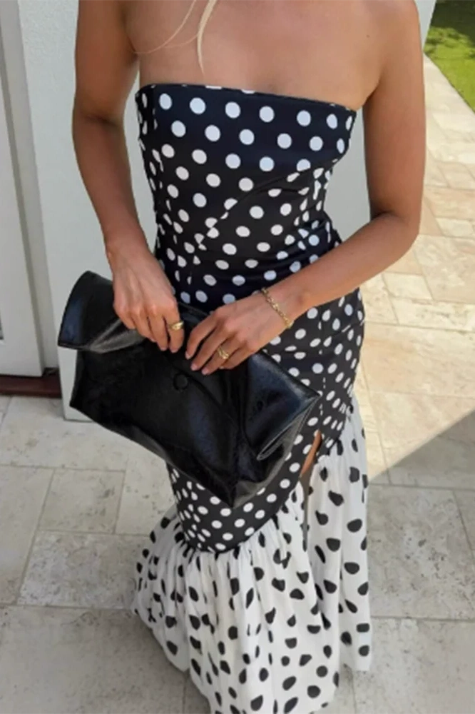 Glorol - Elegant Split Polka Dot Printed Strapless High Waist Maxi Dress