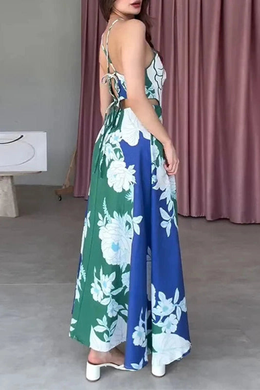 Glorol - Hollow Out Lace Up Backless Sleeveless Printed Maxi Dress