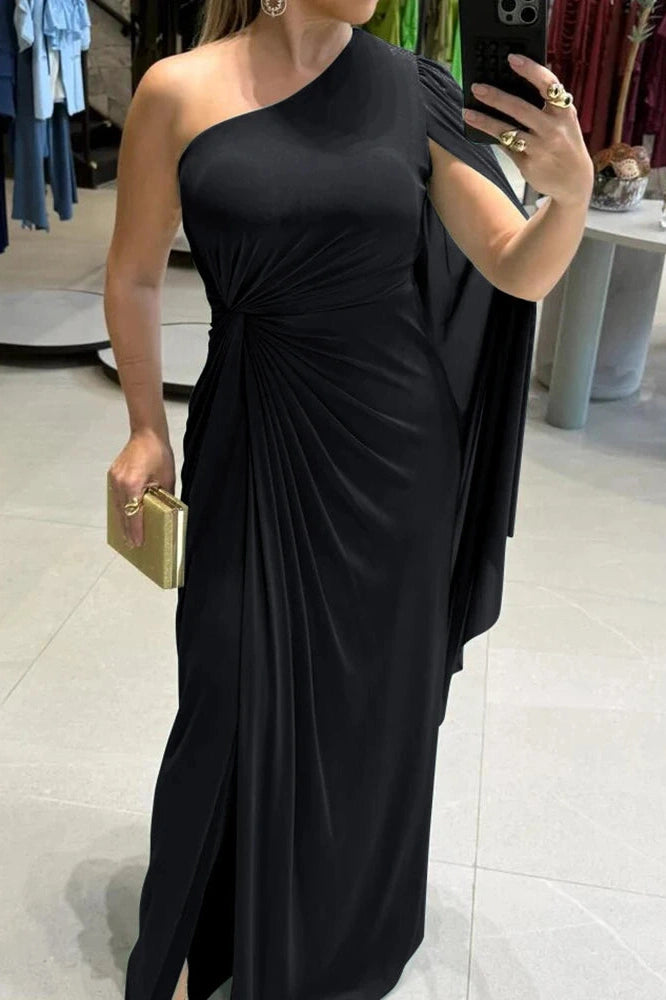 Glorol - Elegant Slash Collar High Split Maxi Dress