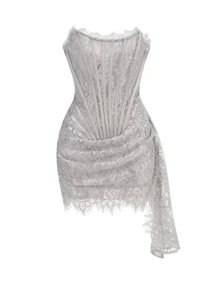 Glorol - Lace See-Through Bodycon Irregular Mini Dress