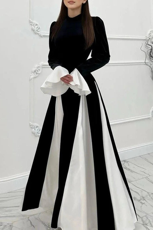 Glorol - Flared Sleeve Patchwork High Waist O Neck Maxi Dress