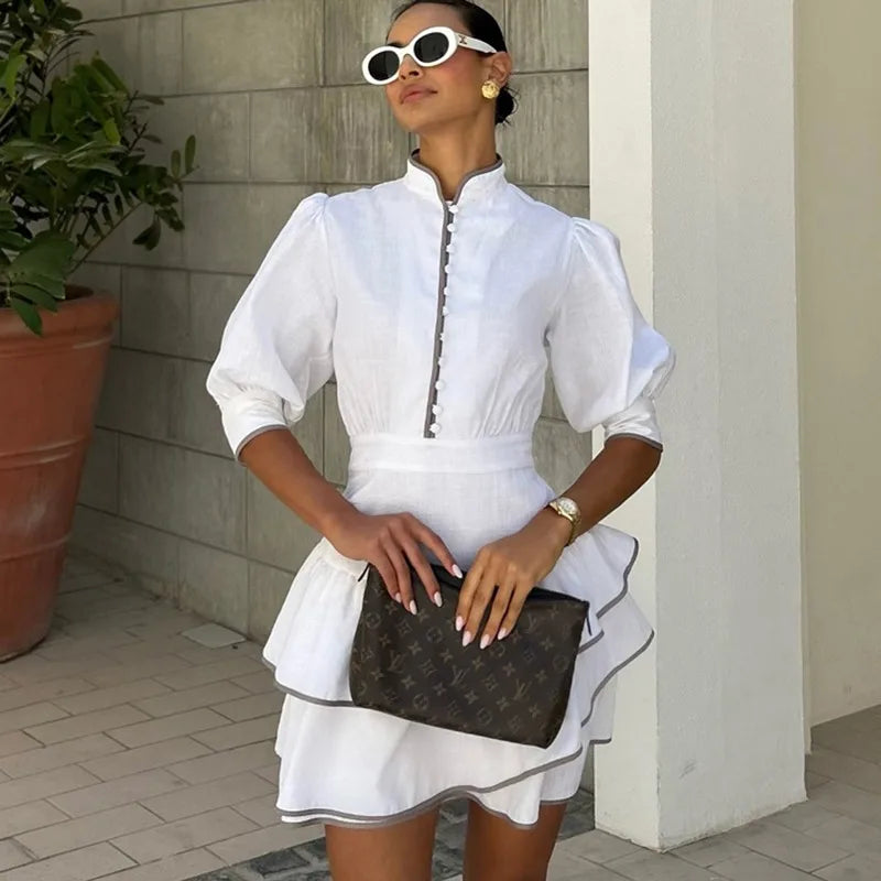 Glorol - Elegant Ruffle A-Line High Waisted Mini Dress