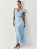 Glorol - Printed Short Sleeve V Neck High Waist Midi Dress