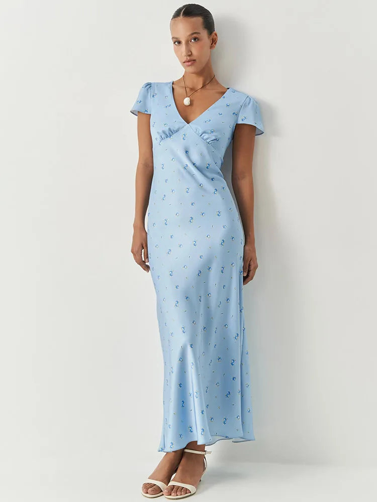 Glorol - Printed Short Sleeve V Neck High Waist Midi Dress
