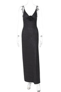 Glorol - Elegant Polka Dot Printed Slit V-Neck Bodycon Maxi Dress