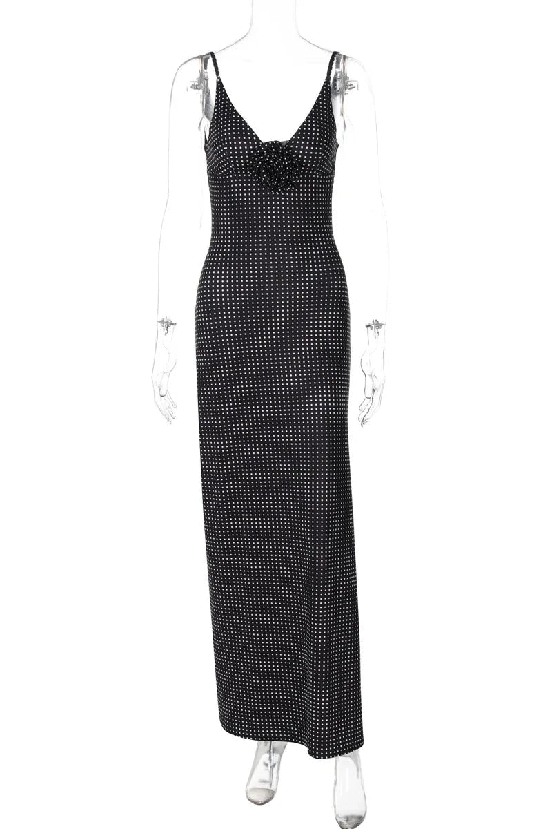 Glorol - Elegant Polka Dot Printed Slit V-Neck Bodycon Maxi Dress