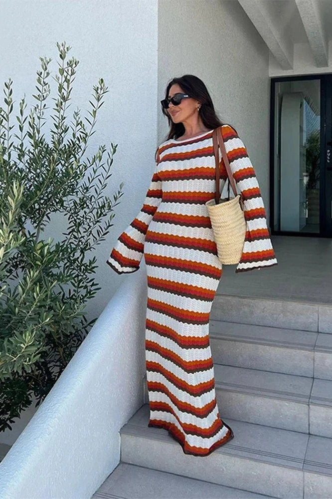 Glorol - Hollow Out Striped Long Sleeve Loose Maxi Dress
