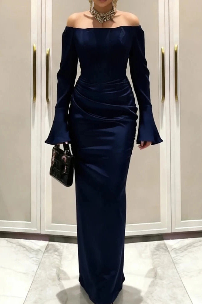 Glorol - Elegant Off-Shoulder High Waist Pleated Maxi Dress