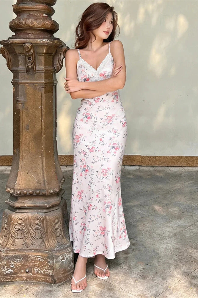 Glorol - Lace Printed Backless High Waist Slim V-Neck Maxi Dress