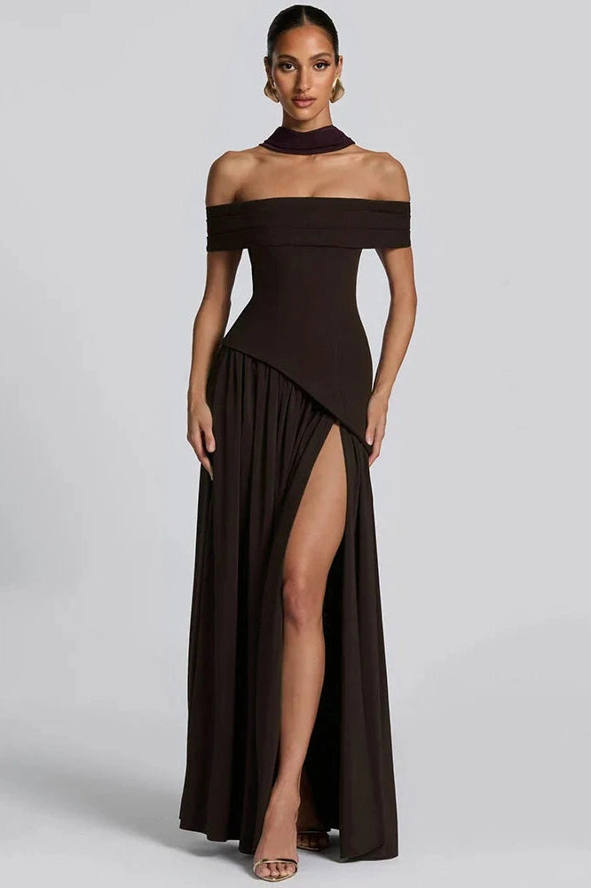 Glorol - Off-Shoulder Backless Strapless Sleeveless Pleated High Split Maxi Dress