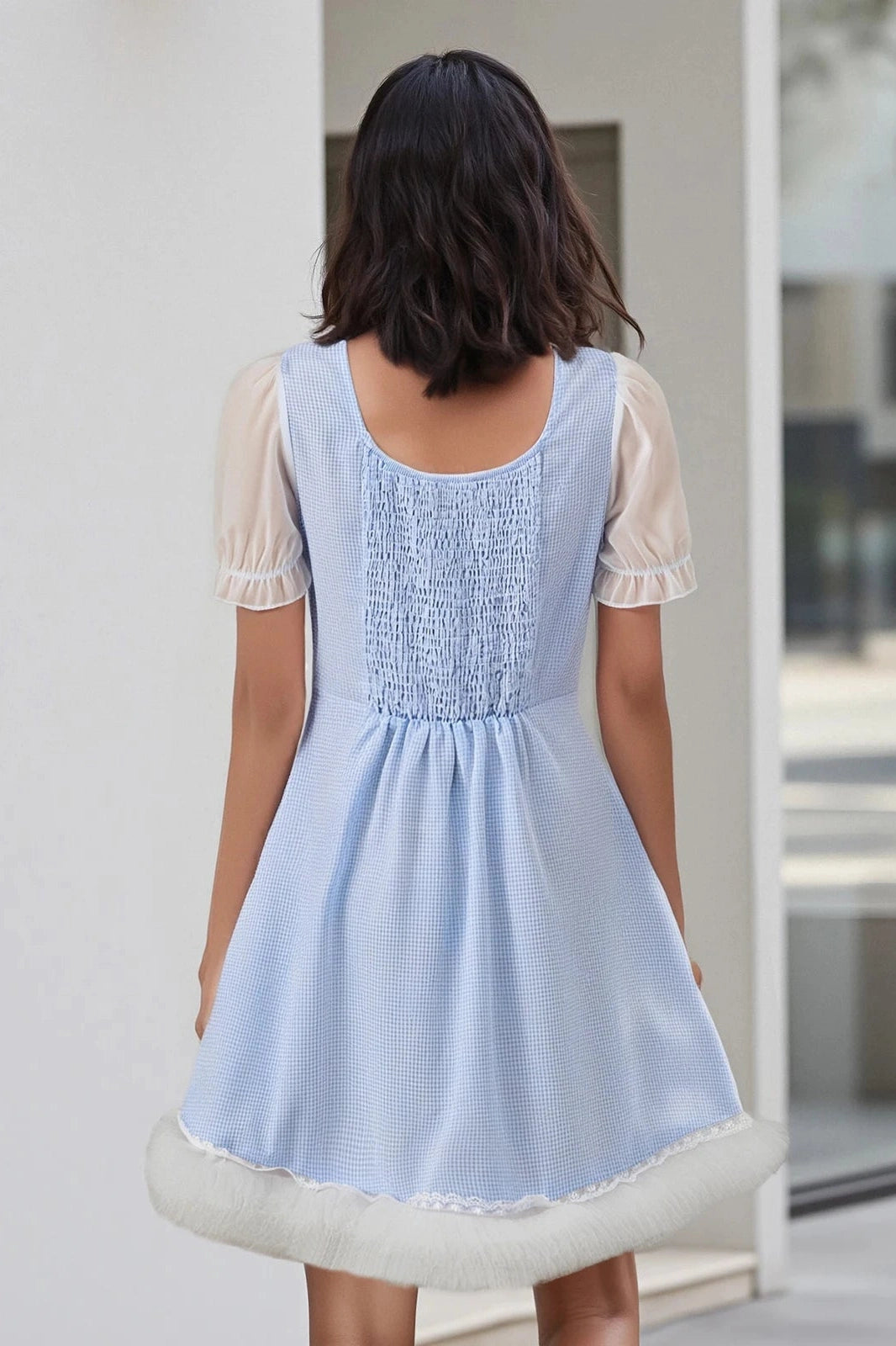 Glorol - Plaid Square Neck Short Sleeve A-Line Mini Dress