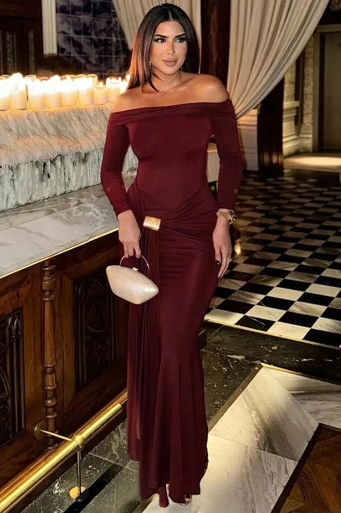 Glorol - Off-shoulder Strapless Long Sleeve Backless Maxi Dress