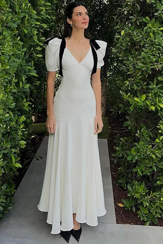 Glorol - Elegant Lace Up Puff Sleeve V Neck Maxi Dress