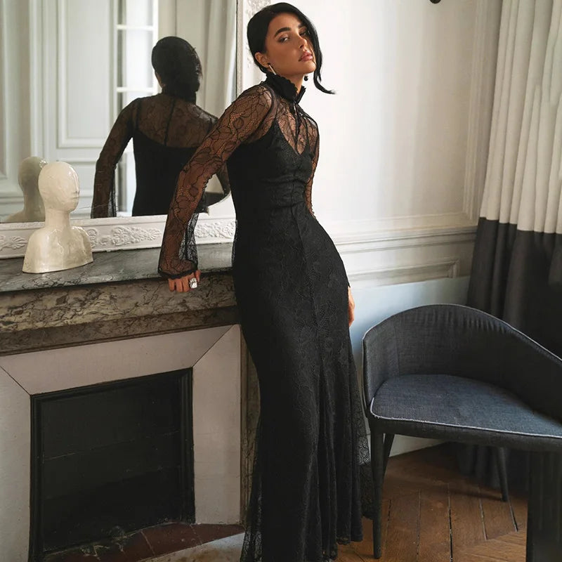 Glorol - Lace Hollow Out See Through Patchwork High Waist Maxi Dress