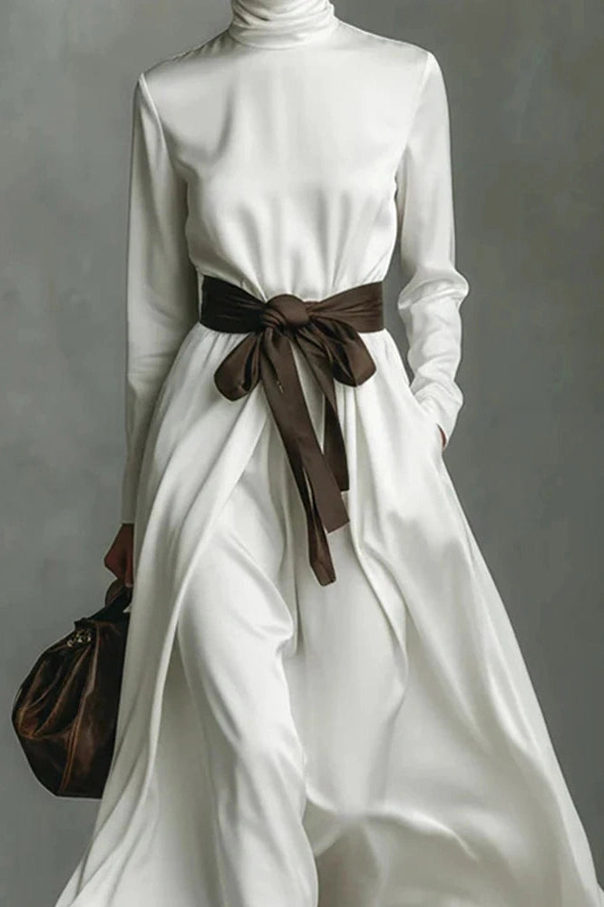 Glorol - Elegant Lace Up Pleated Turtleneck Long Sleeve Maxi Dress