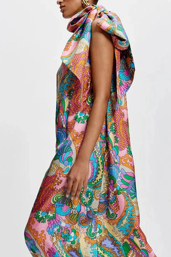 Glorol - Elegant Printed Off Shoulder Pleated Maxi Dress