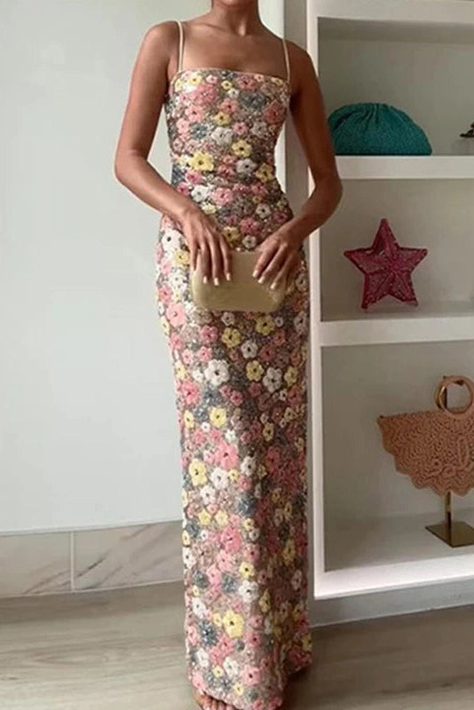 Glorol - Floral Printed Spaghetti Strap Slim Sleeveless Maxi Dress