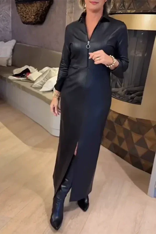 Zipper Long Sleeve Bodycon PU Leather Maxi Dress