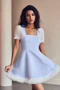 Glorol - Plaid Square Neck Short Sleeve A-Line Mini Dress