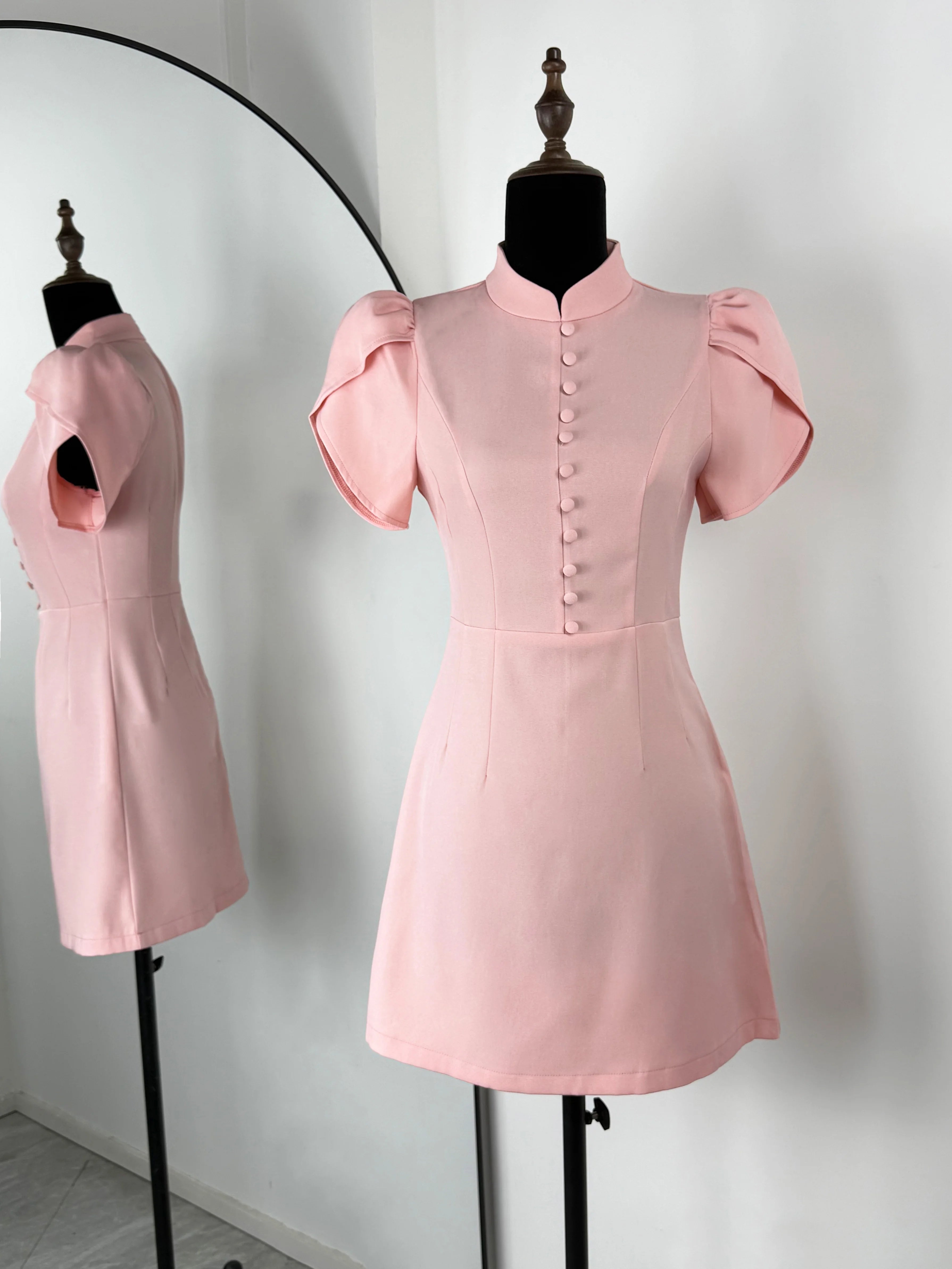 Glorol - Puff Sleeves High Waist Slim Mini Dress
