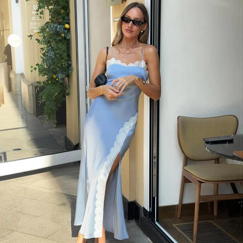 Glorol - Elegant Patchwork Sleeveless Lace Split High Waist Maxi Dress