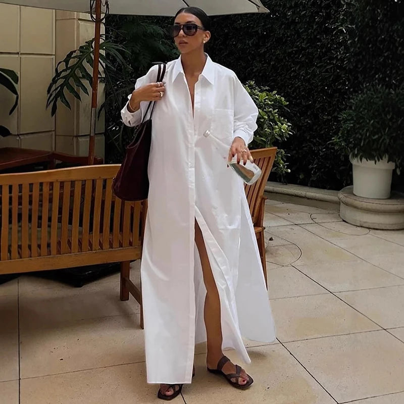 Glorol - Long Sleeve Loose Single Breasted Slit Maxi Dress