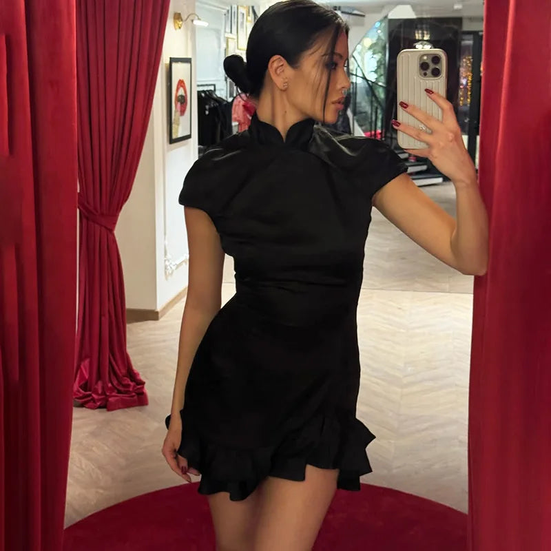 Glorol - Elegant Patchwork Short Sleeve Mini Dress