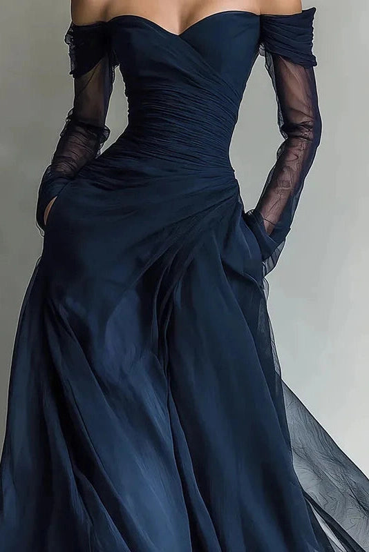Glorol - Off Shoulder High Waist Pleated Long Sleeve Slim Maxi Dress