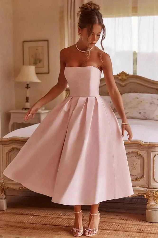 Glorol - Off-Shoulder Strapless Sleeveless Backless High Waist A-Line Midi Dress