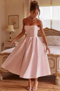 Glorol - Off-Shoulder Strapless Sleeveless Backless High Waist A-Line Midi Dress