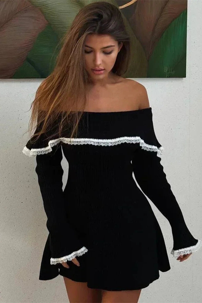 Glorol - Off-Shoulder Lace Patchwork Slim Backless Mini Dress