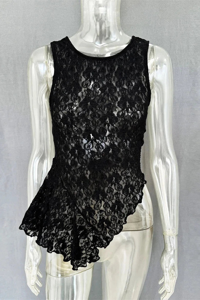 Glorol - Lace Printed See-Through Sleeveless Patchwork Top