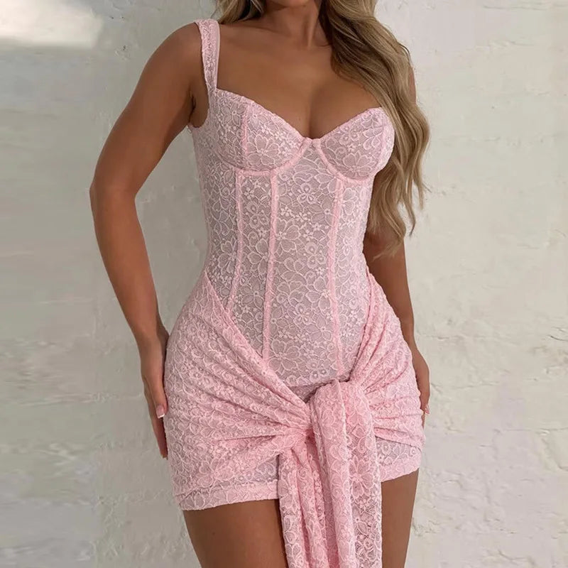 Glorol - Lace V Neck Sleeveless High Waist Mini Dress