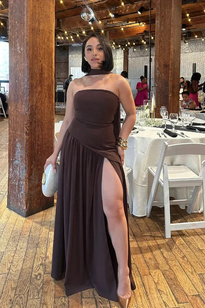 Notiglo - Scarf Neck Sleeveless Off Shoulder A-Line Maxi Dress