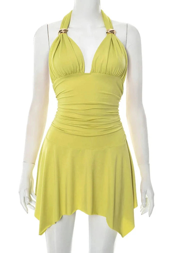 Glorol - Backless V Neck Sleeveless High Waist Pleated Mini Dress