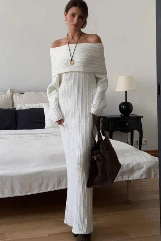 Glorol - Knitted Off-Shoulder Long-Sleeved Slim High Waist Backless Maxi Dress