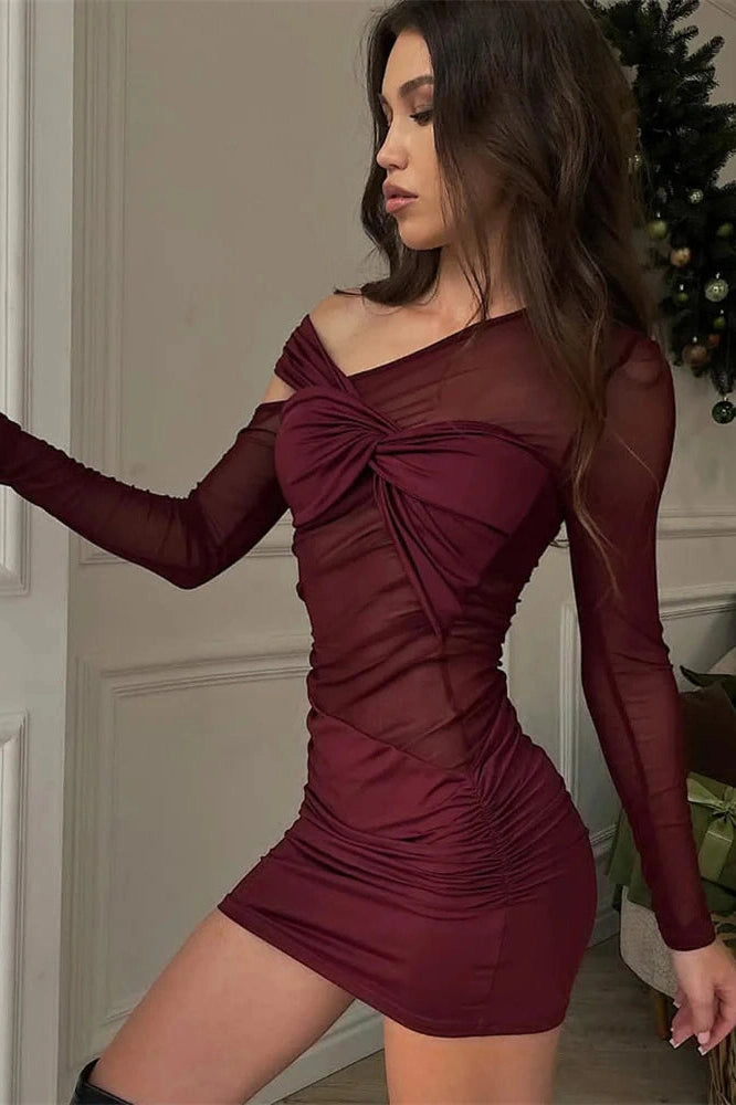 Glorol - See-Through Pleated One-Shoulder High Waist Mini Dress