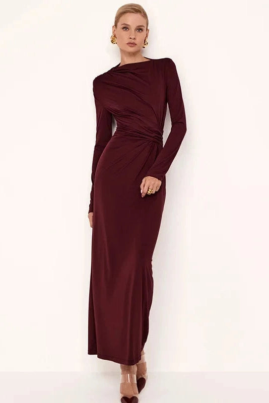 Glorol - Pleated Slim High Waist Long Sleeve Patchwork Maxi Dress