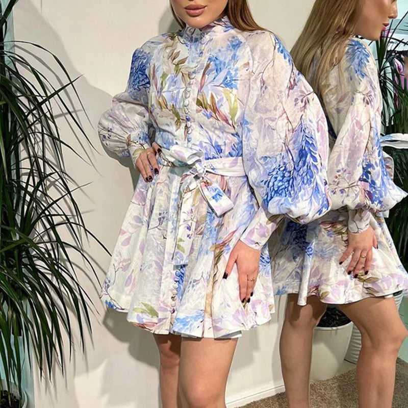 Glorol - Printed Lace Up Single Breasted Mini Dress