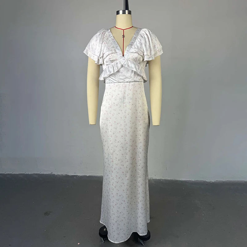 Glorol - Printed V-Neck Slim Fit Maxi Dress