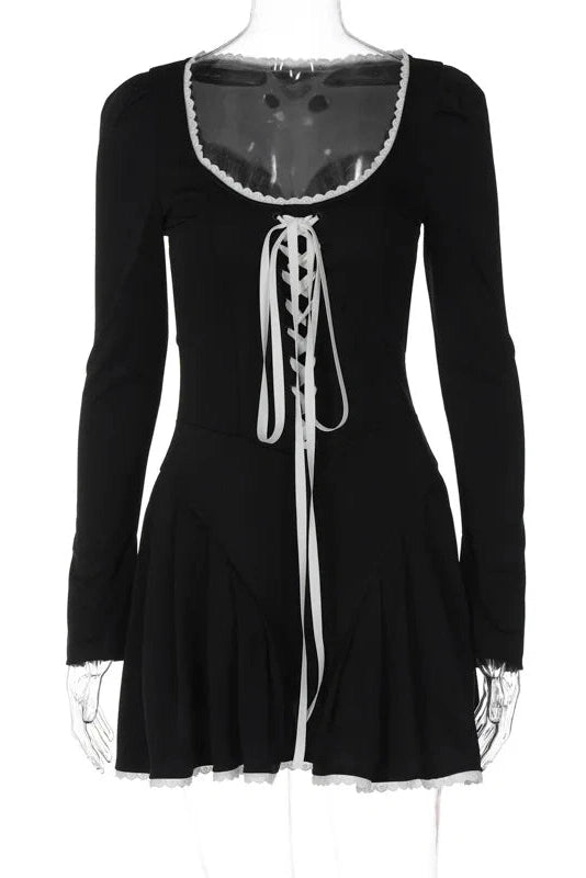 Glorol - Lace Bandage Square Collar Puff Sleeve Mini Dress
