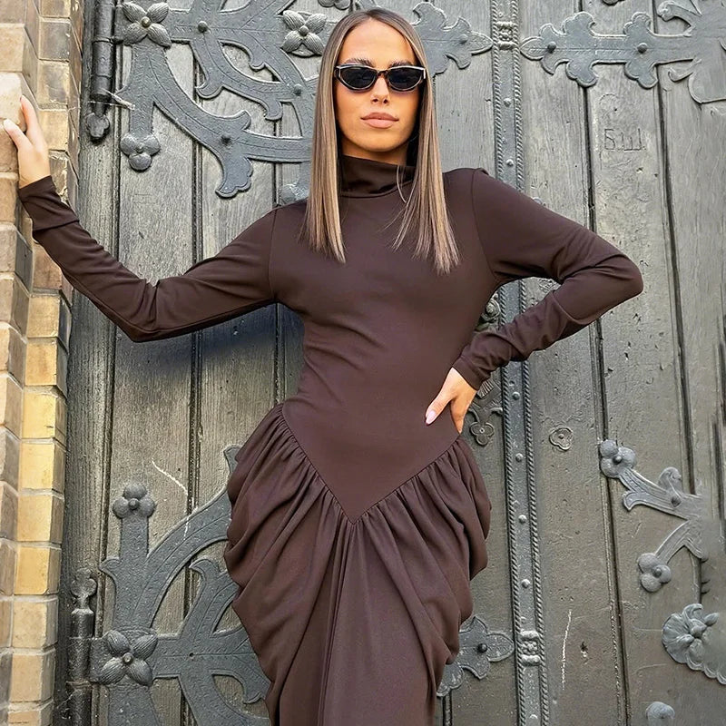 Glorol - Elegant High Neck High Waist Long Sleeve Maxi Dress