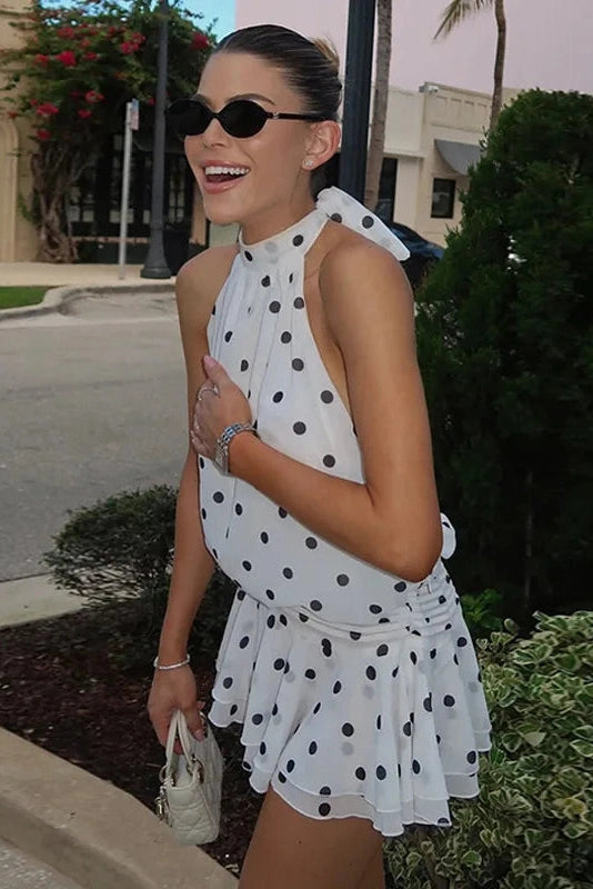 Glorol - Polka Dot Print Tie Backless A-Line Slim Mini Dress