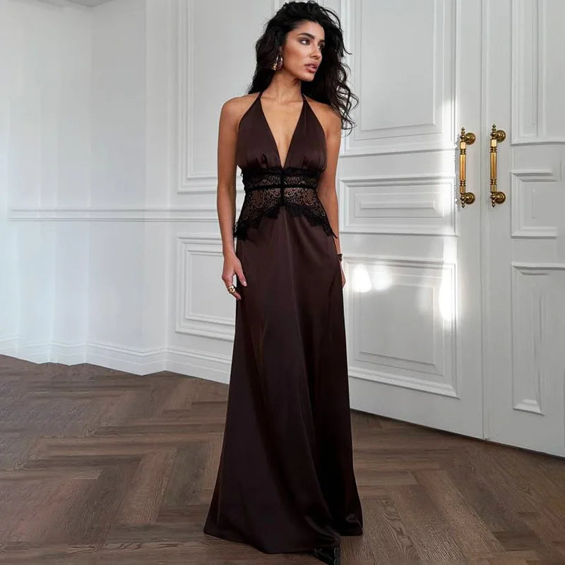 Glorol - Lace Patchwork Halter Neck Hollow Out Maxi Dress