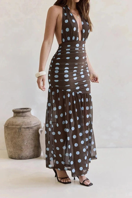 Glorol - Sleeveless Slim High Waist Backless Printed Maxi Dress